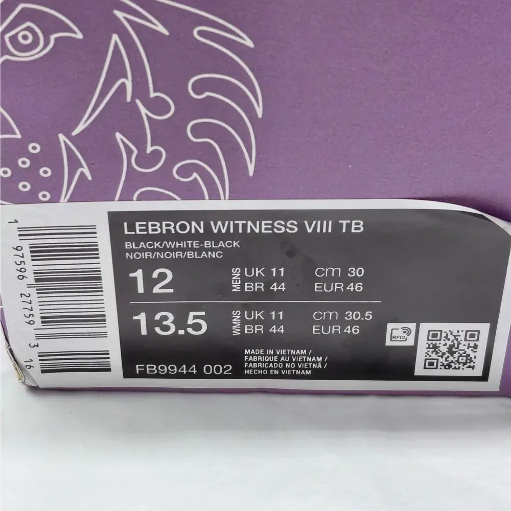 Nike LeBron Witness 8 TB Men’s 12 Black White Basketball Shoes Running Sneakers